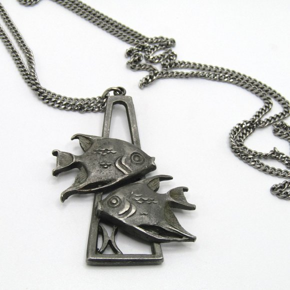 Vintage Cathedral Pewter Necklace Pisces Fish Pendant Horoscope Artisan 30" - Picture 1 of 4